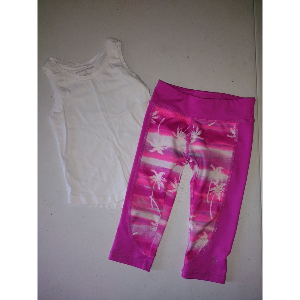 Girls Amazon Essentials White Tank and Gymgo Pink Palm Tree Leggings Set 3T‎ XS